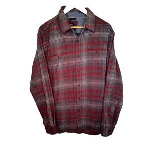Lee Stretch Regular Fit Flannel Mens Large L Brown Burgundy Plaid Shirt Long